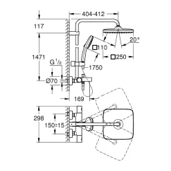 Grohe Vitalio Comfort 250 colonne de douche thermostatique bain/douche + douche de tête + douchette à main, noir mat (G269842431)