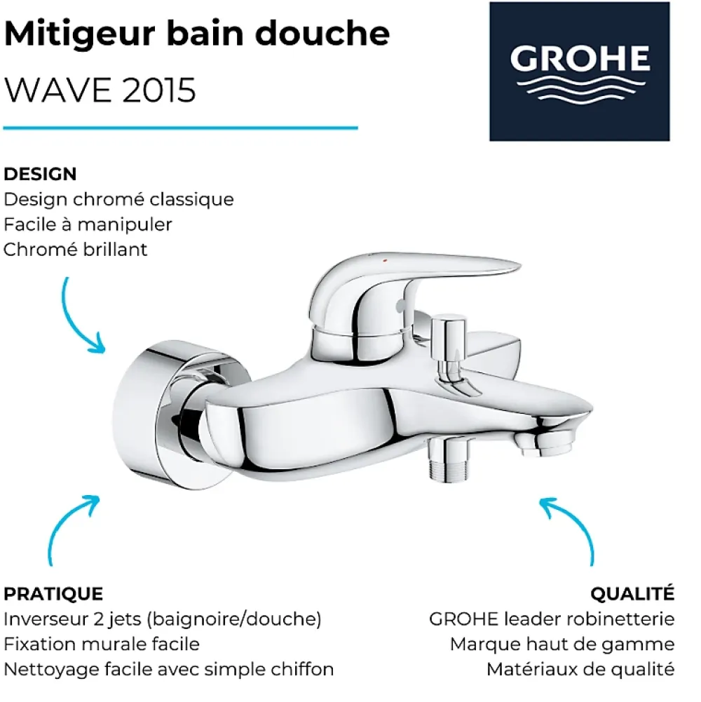 Robinet De Baignoire|Grohe Wave Mitigeur monocommande Bain / Douche Chromé 32286001