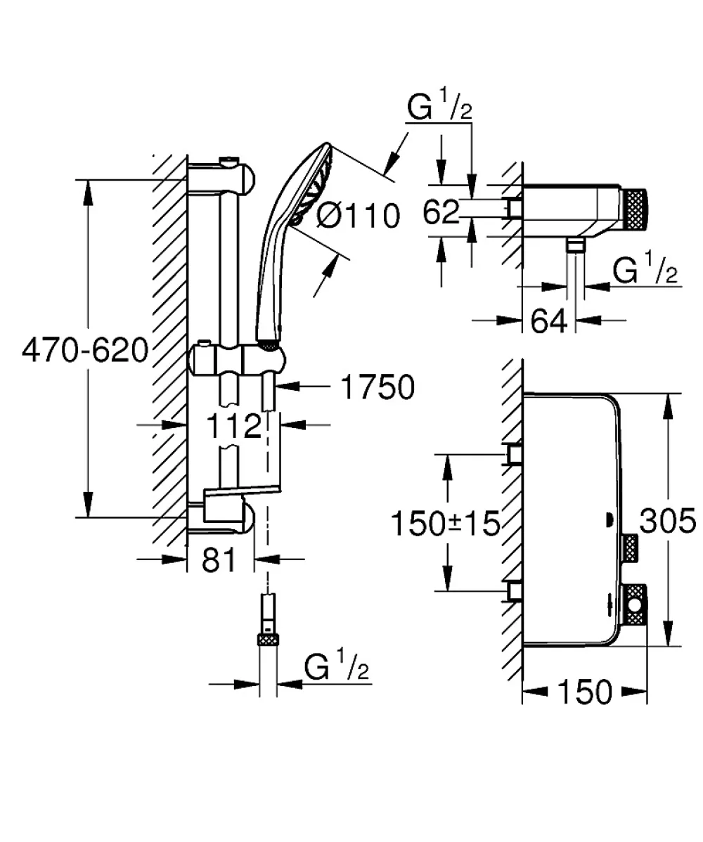 Colonne De Douche Sans Robinetterie|Grohe Grohtherm SmartControl Mitigeur thermostatique douche 1/2 avec ensemble de douche (34720000)