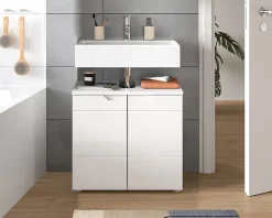 Meuble Sous Lavabo|Chb Collection Hama - Meuble sous-lavabo (L/H/P : 63x59x34 cm) en imitation blanc et blanc brillant profond