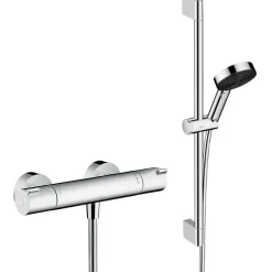 Colonne De Douche Sans Robinetterie|Hansgrohe Ecostat Set Mitigeur thermostatique douche + Douchette à main XXL 105mm 3 jets, flexible douche 160cm, barre 65cm