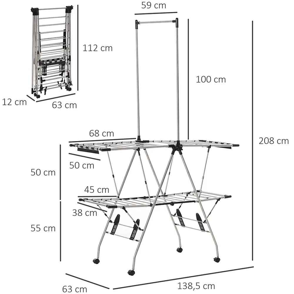 Etendoir À Linge|Homcom Séchoir à linge étendoir à vêtements pliable réglable avec barre de penderie et roulettes acier inox. PP noir