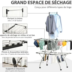 Etendoir À Linge|Homcom Séchoir à linge étendoir à vêtements pliable réglable avec barre de penderie et roulettes acier inox. PP noir