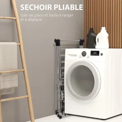 Etendoir À Linge|Homcom Séchoir à linge étendoir à vêtements pliable réglable avec barre de penderie et roulettes acier inox. PP noir