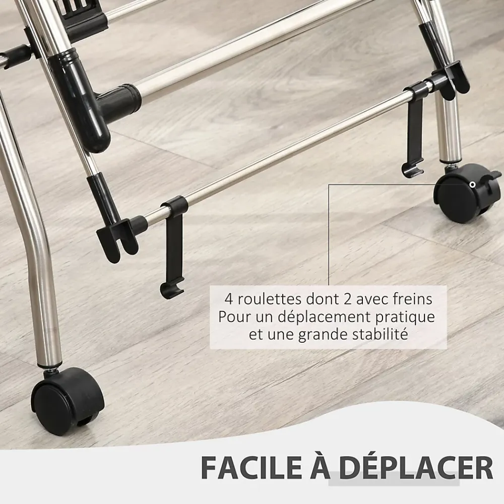 Etendoir À Linge|Homcom Séchoir à linge étendoir à vêtements pliable réglable avec barre de penderie et roulettes acier inox. PP noir