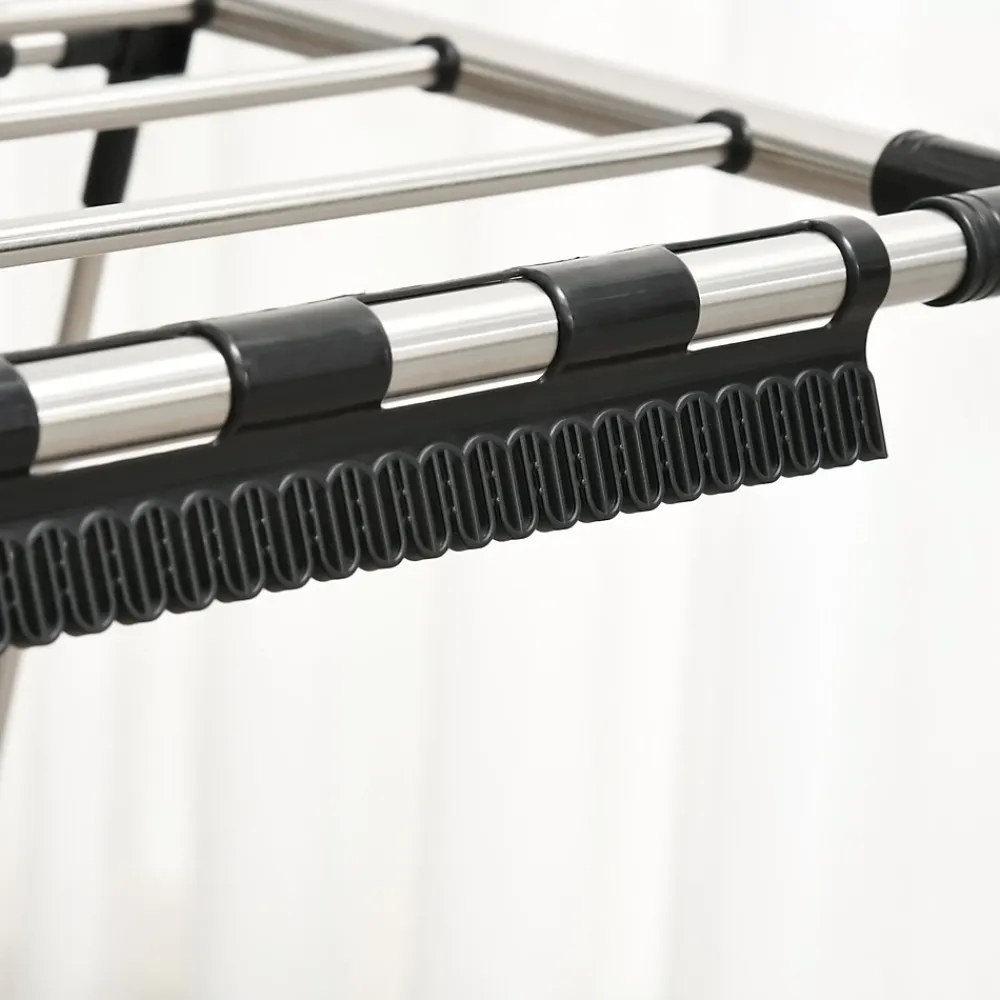 Etendoir À Linge|Homcom Séchoir à linge étendoir à vêtements pliable réglable avec barre de penderie et roulettes acier inox. PP noir