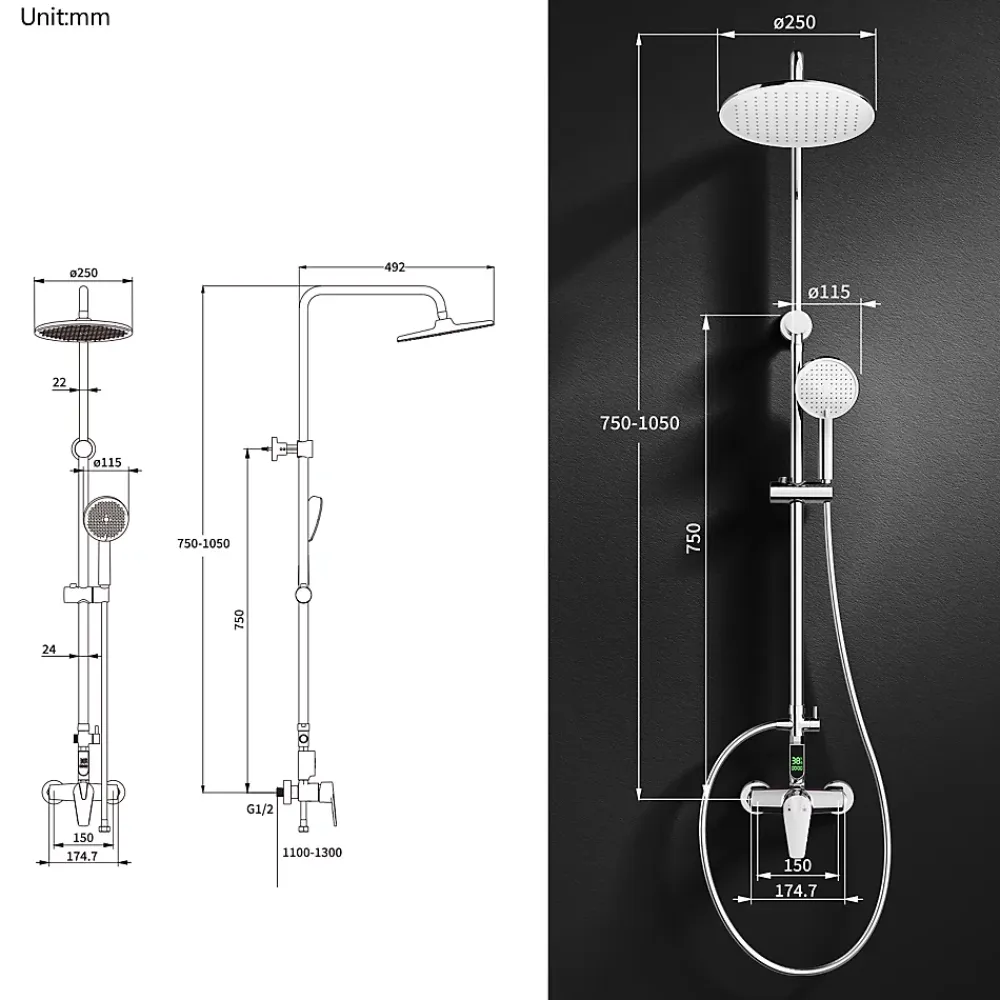 Homelody Colonne de Douche avec Affichage LED Température Mitigeur Mécanique, Douchette 3 Jets, Hauteur Réglable