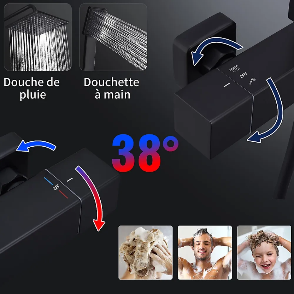 Colonne De Douche Thermostatique|Homelody Colonne de Douche Thermostatique Noir, Ensemble de Douche Thermostat avec Douchette, Hauteur Réglable