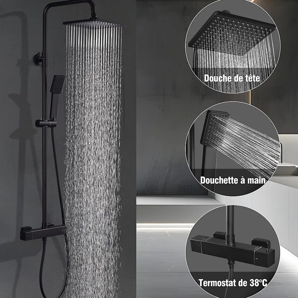 Colonne De Douche Thermostatique|Homelody Colonne de Douche Thermostatique Noir, Ensemble de Douche Thermostat avec Douchette, Hauteur Réglable