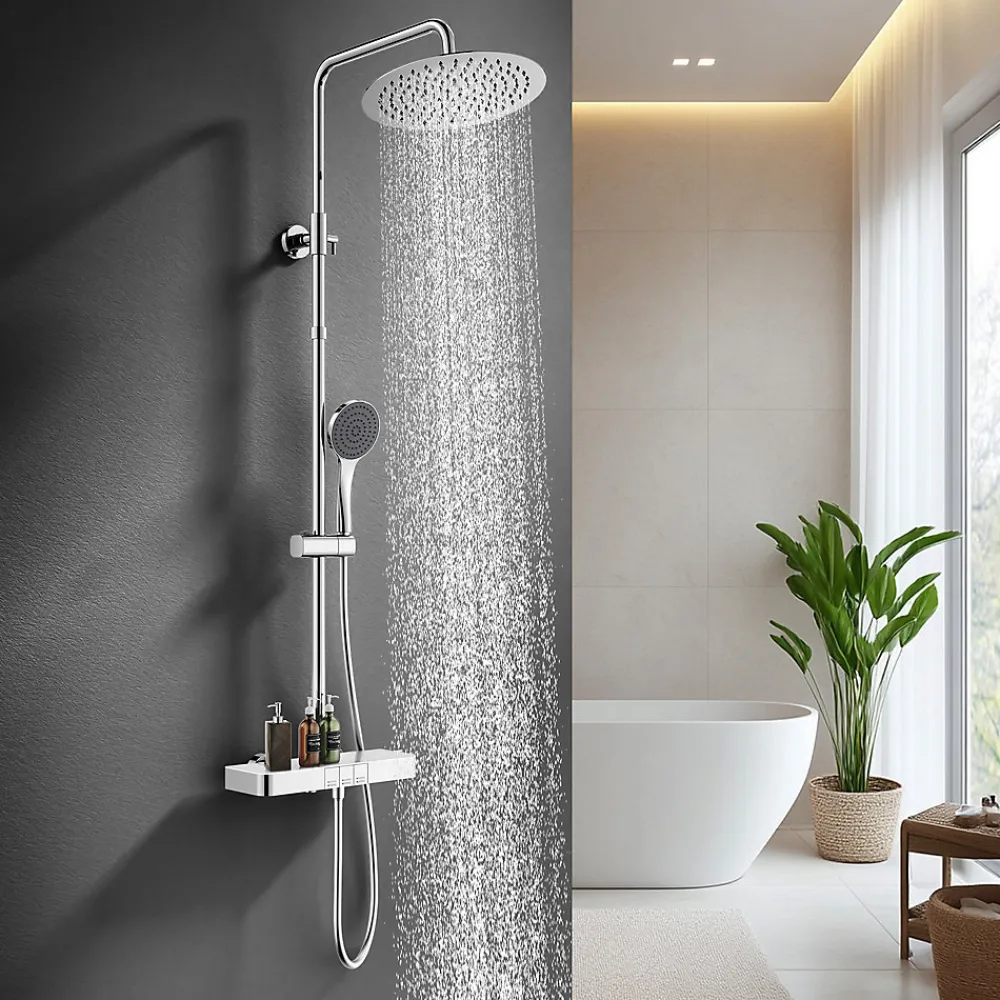 Colonne De Douche Thermostatique|Homelody Colonne de Douche Thermostatique avec Tablette 110 x 350 mm, Tête de Douche 12 pouces Ultra-Slim, Douchette & Sortie