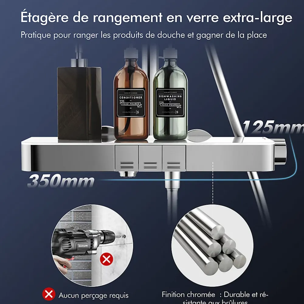 Colonne De Douche Thermostatique|Homelody Colonne de Douche Thermostatique avec Tablette 110 x 350 mm, Tête de Douche 12 pouces Ultra-Slim, Douchette & Sortie