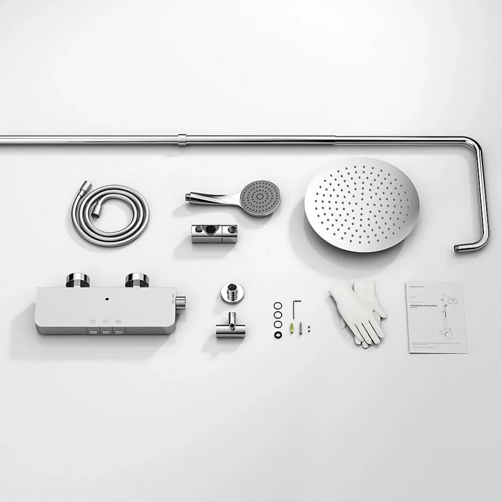 Colonne De Douche Thermostatique|Homelody Colonne de Douche Thermostatique avec Tablette 110 x 350 mm, Tête de Douche 12 pouces Ultra-Slim, Douchette & Sortie