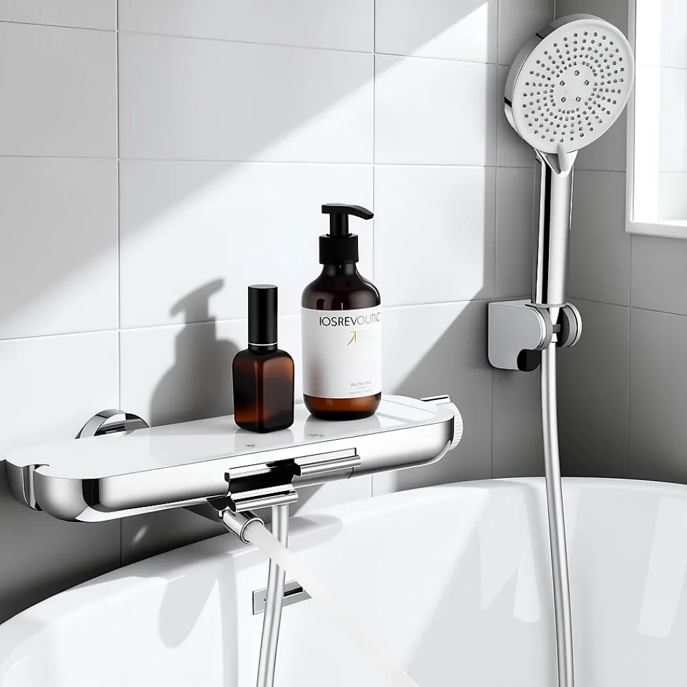 Robinet De Baignoire|Homelody Robinet Baignoire avec Tablette370 mm, Douchette à Main et Sortie Bain, Chrome