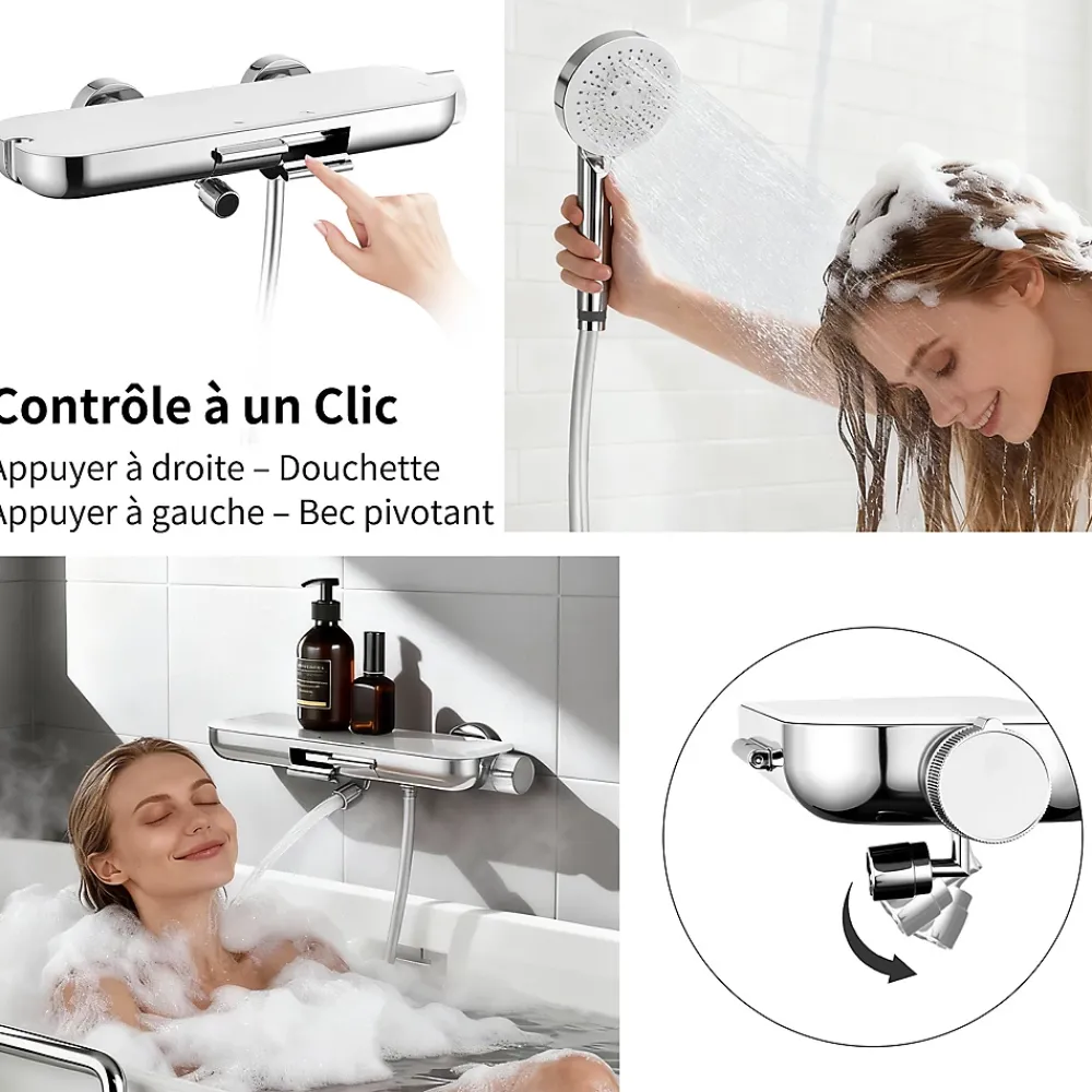 Robinet De Baignoire|Homelody Robinet Baignoire avec Tablette370 mm, Douchette à Main et Sortie Bain, Chrome