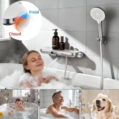 Robinet De Baignoire|Homelody Robinet Baignoire avec Tablette370 mm, Douchette à Main et Sortie Bain, Chrome