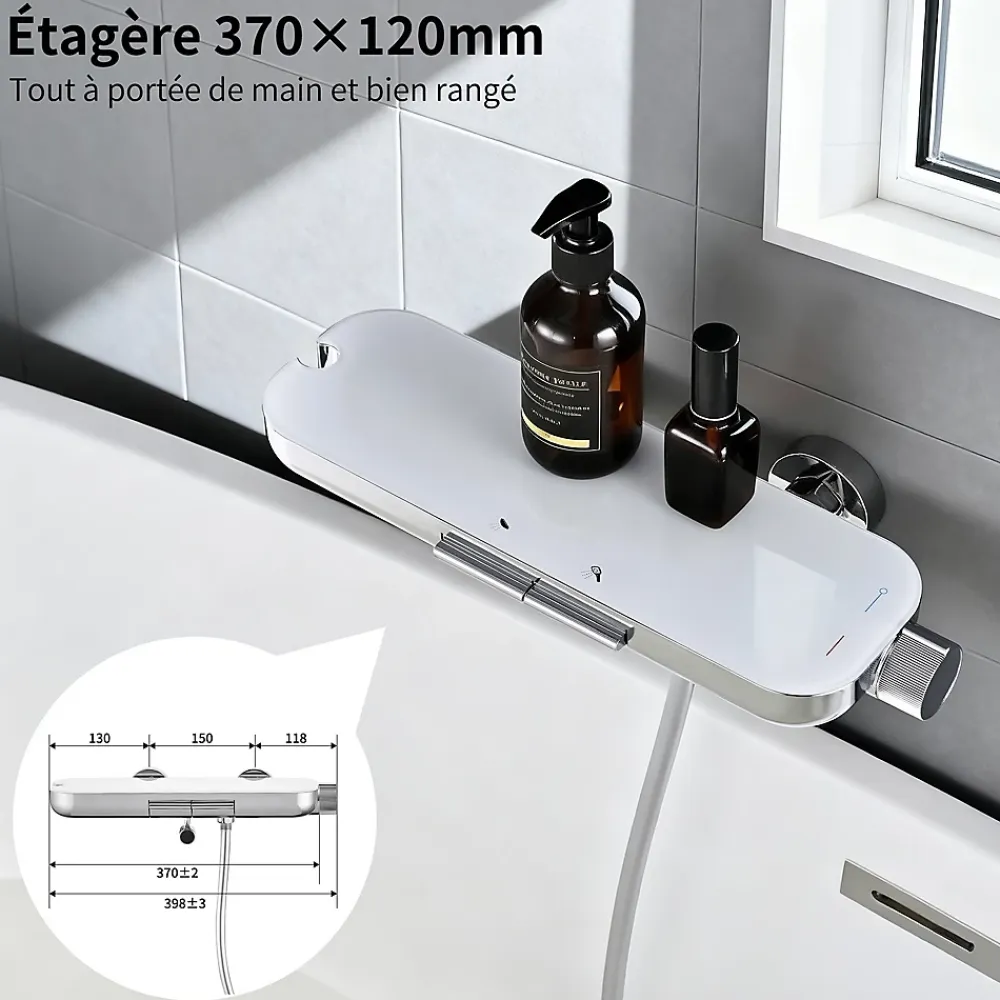 Robinet De Baignoire|Homelody Robinet Baignoire avec Tablette370 mm, Douchette à Main et Sortie Bain, Chrome