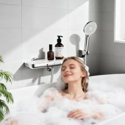 Robinet De Baignoire|Homelody Robinet Baignoire avec Tablette370 mm, Douchette à Main et Sortie Bain, Chrome