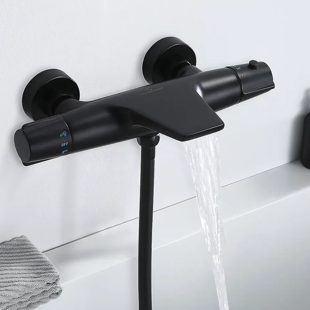 Homelody Robinet de Baignoire Thermostatique Noir, Design Cascade, Sécurité Anti-brûlure, Laiton