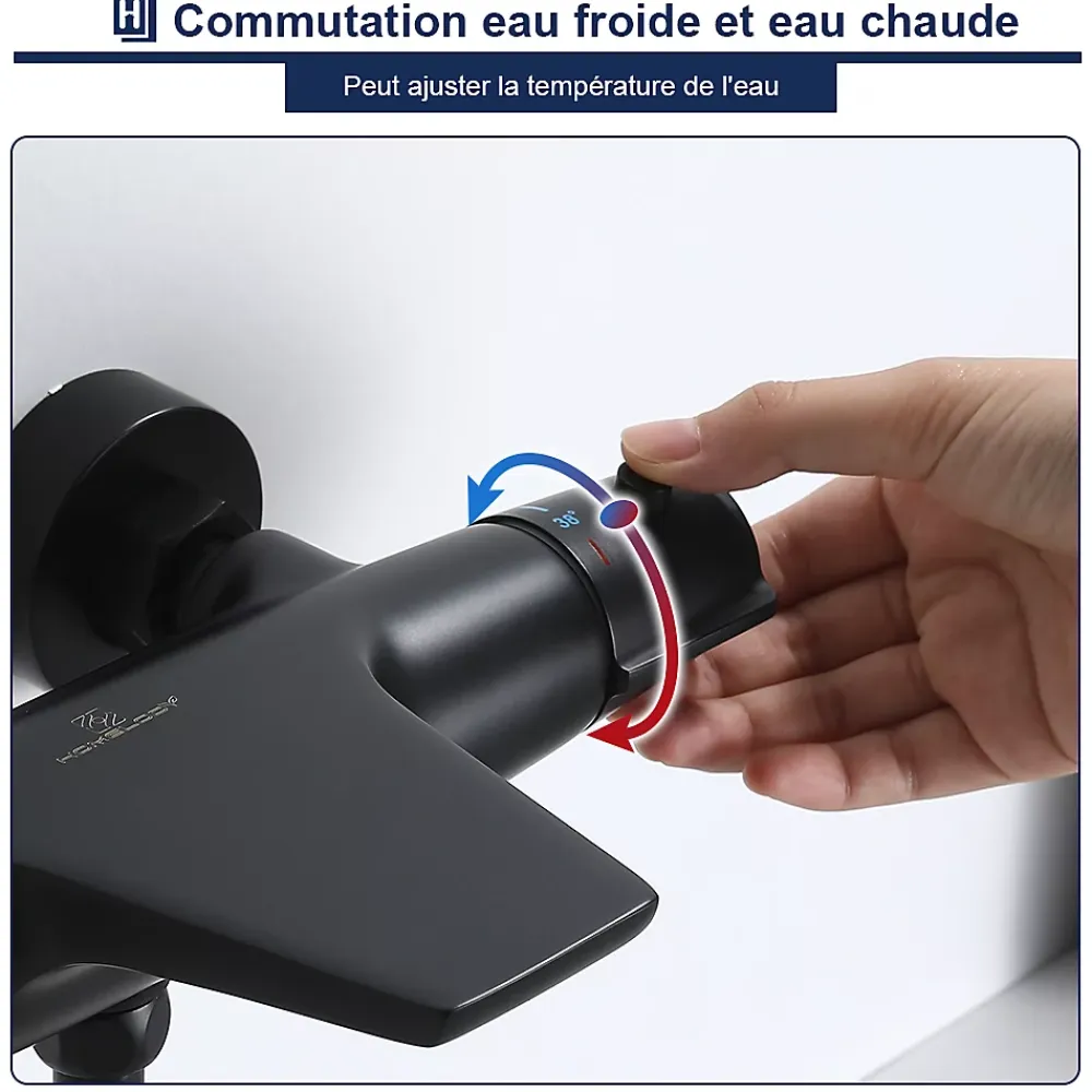 Homelody Robinet de Baignoire Thermostatique Noir, Design Cascade, Sécurité Anti-brûlure, Laiton