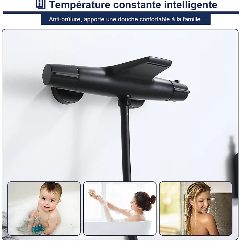 Homelody Robinet de Baignoire Thermostatique Noir, Design Cascade, Sécurité Anti-brûlure, Laiton