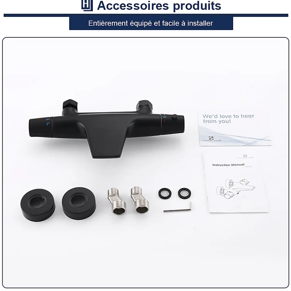 Homelody Robinet de Baignoire Thermostatique Noir, Design Cascade, Sécurité Anti-brûlure, Laiton