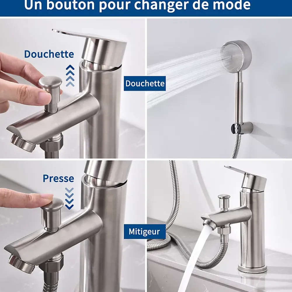Homelody Robinet Salle de Bain Mitigeur de Douche avec Pommeau et Flexible Kit de Robinet Monotrou à Double Usage