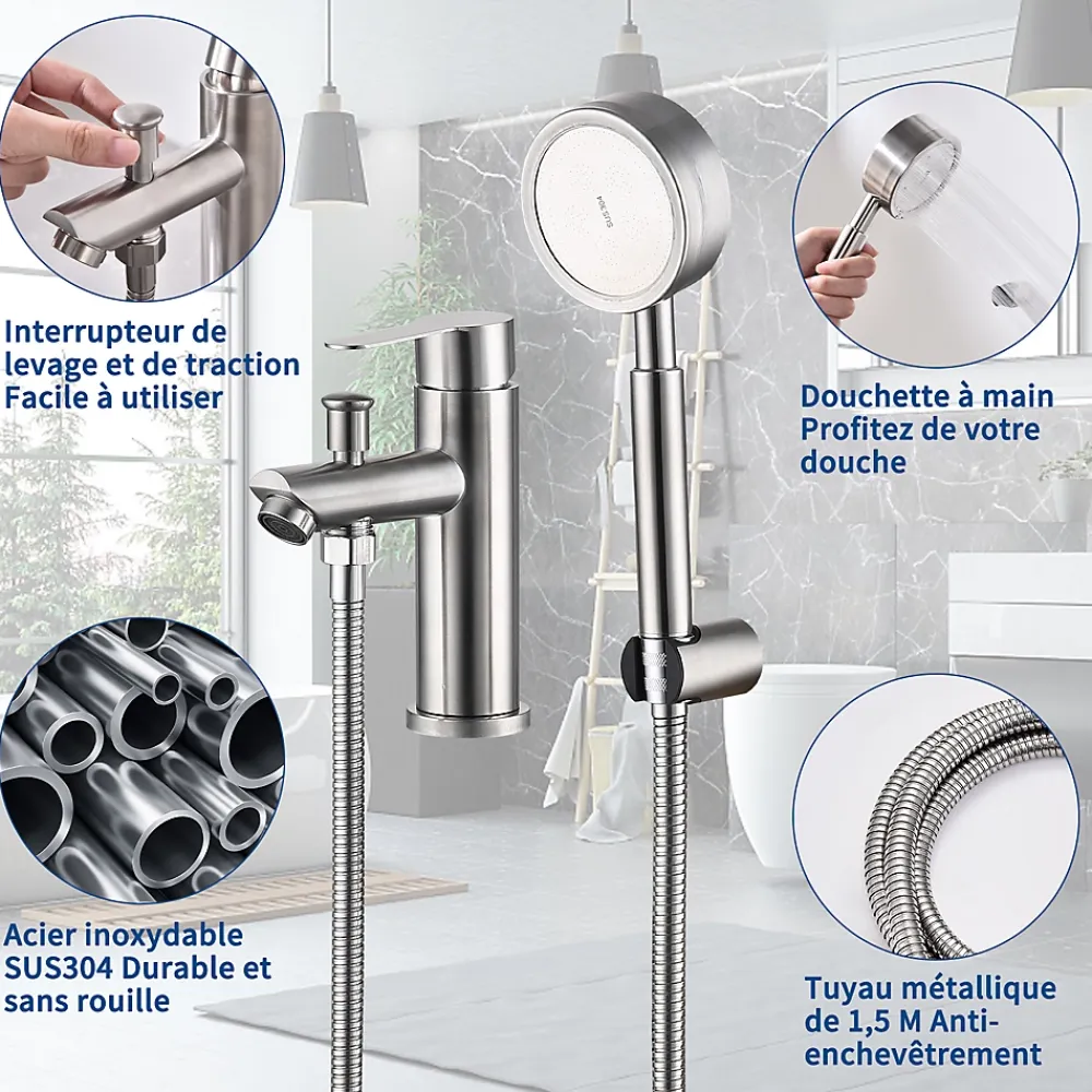 Homelody Robinet Salle de Bain Mitigeur de Douche avec Pommeau et Flexible Kit de Robinet Monotrou à Double Usage
