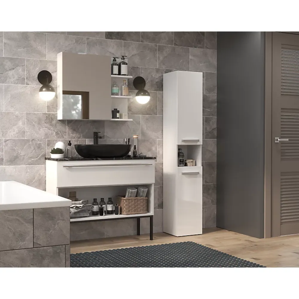 Topeshop HORTI - Meuble salle de bain avec panier à linge - 31x30x174cm - Colonne rangement SDB