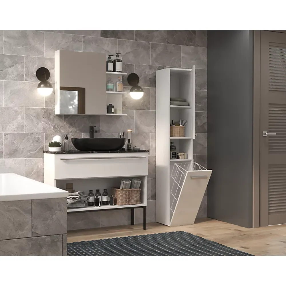Topeshop HORTI - Meuble salle de bain avec panier à linge - 31x30x174cm - Colonne rangement SDB
