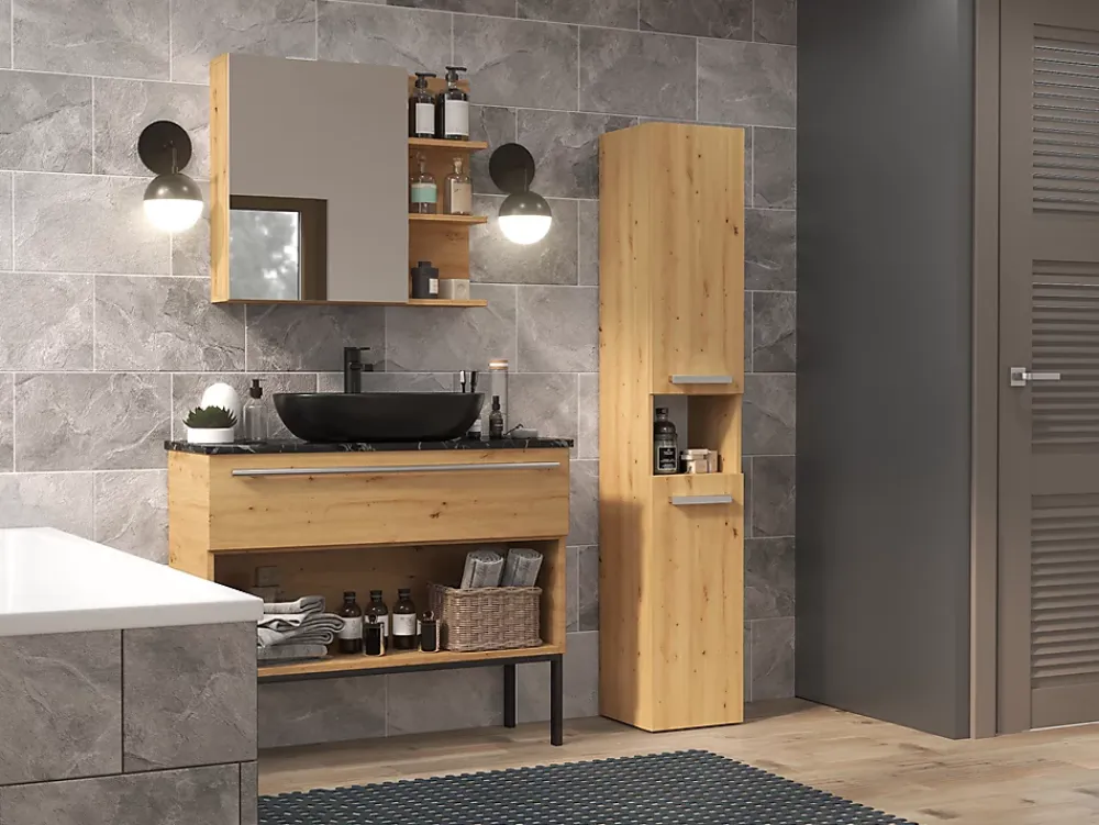 Colonne De Salle De Bains|Topeshop HORTI - Meuble salle de bain avec panier à linge - 31x30x174cm - Colonne rangement SDB