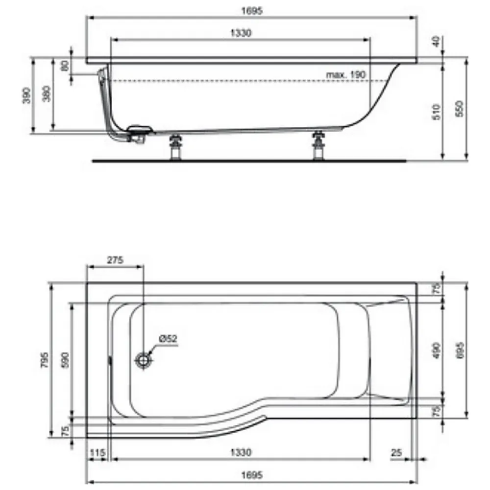 Baignoire Droite|Ideal Standard baignoire pour bain/douche 170 x 80 asymétrique Connect Air gauche blanc