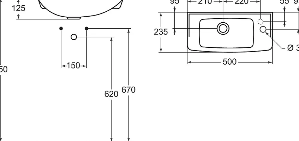 Ideal Standard EUROVIT LAVE-MAINS 125 X 500 X 235 MM, BLANC (R421901)