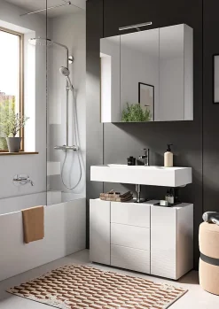 Chb Collection Kai - Armoire sous lavabo (L/H/P : 82x56x34 cm) en mélaminé blanc et blanc brillant profond