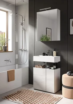 Meuble Sous Lavabo|Chb Collection Kai - Meuble sous-lavabo (L/H/P : 60x56x34 cm) en mélamine blanche et blanc brillant profond