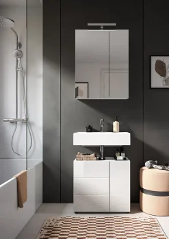 Meuble Sous Lavabo|Chb Collection Kai - Meuble sous-lavabo (L/H/P : 60x56x34 cm) en mélamine blanche et blanc brillant profond