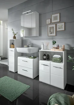 Meuble Sous Lavabo|Chb Collection Kai - Meuble sous-lavabo (L/H/P : 60x54x32 cm) en imitation blanc et blanc brillant embouti