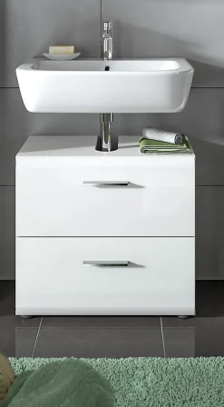 Meuble Sous Lavabo|Chb Collection Kai - Meuble sous-lavabo (L/H/P : 60x54x32 cm) en imitation blanc et blanc brillant embouti