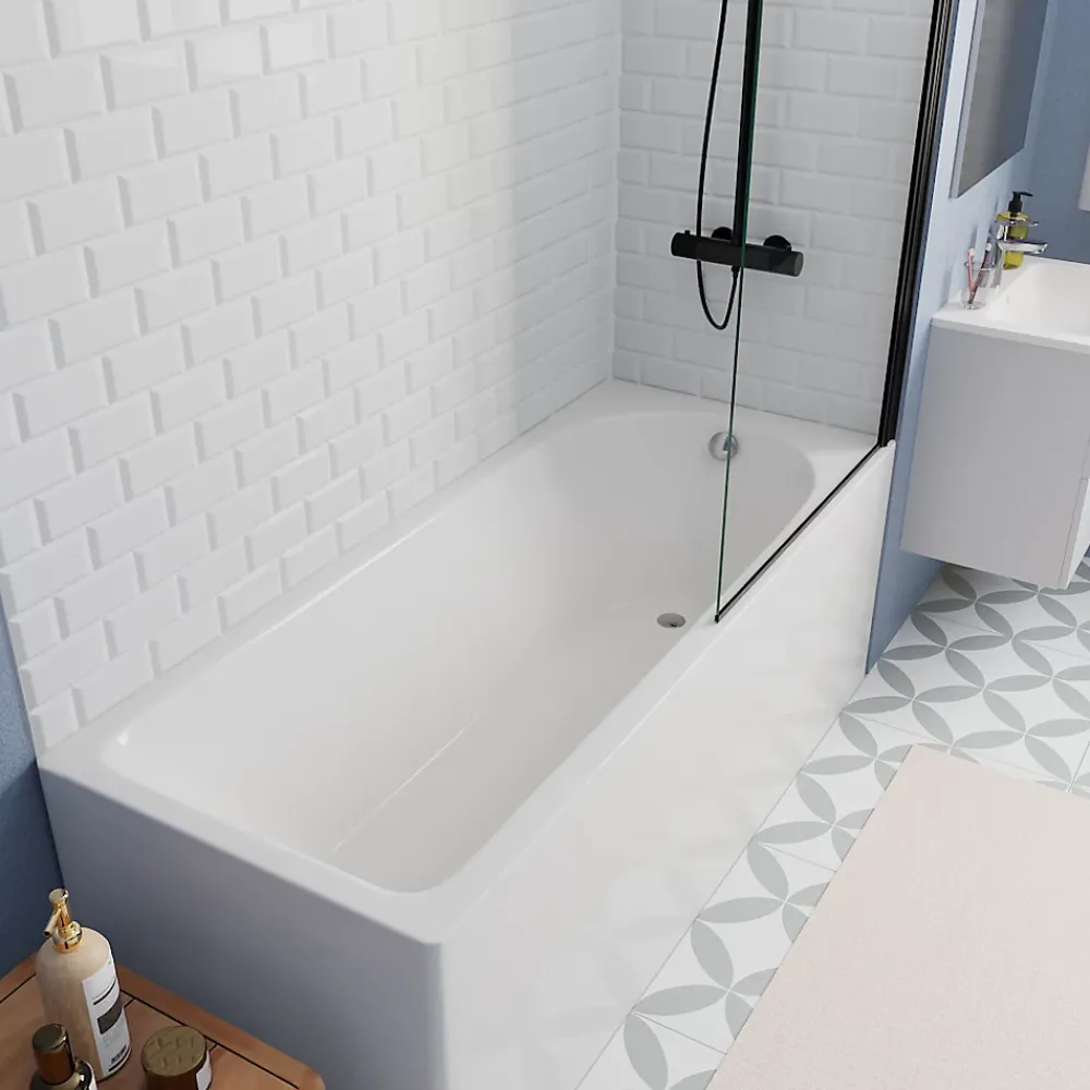 Kaldewei 170x70 cm Ensemble baignoire Eurowa universelle + Pare baignoire pivotant noir + pieds (KW312-SETP5)