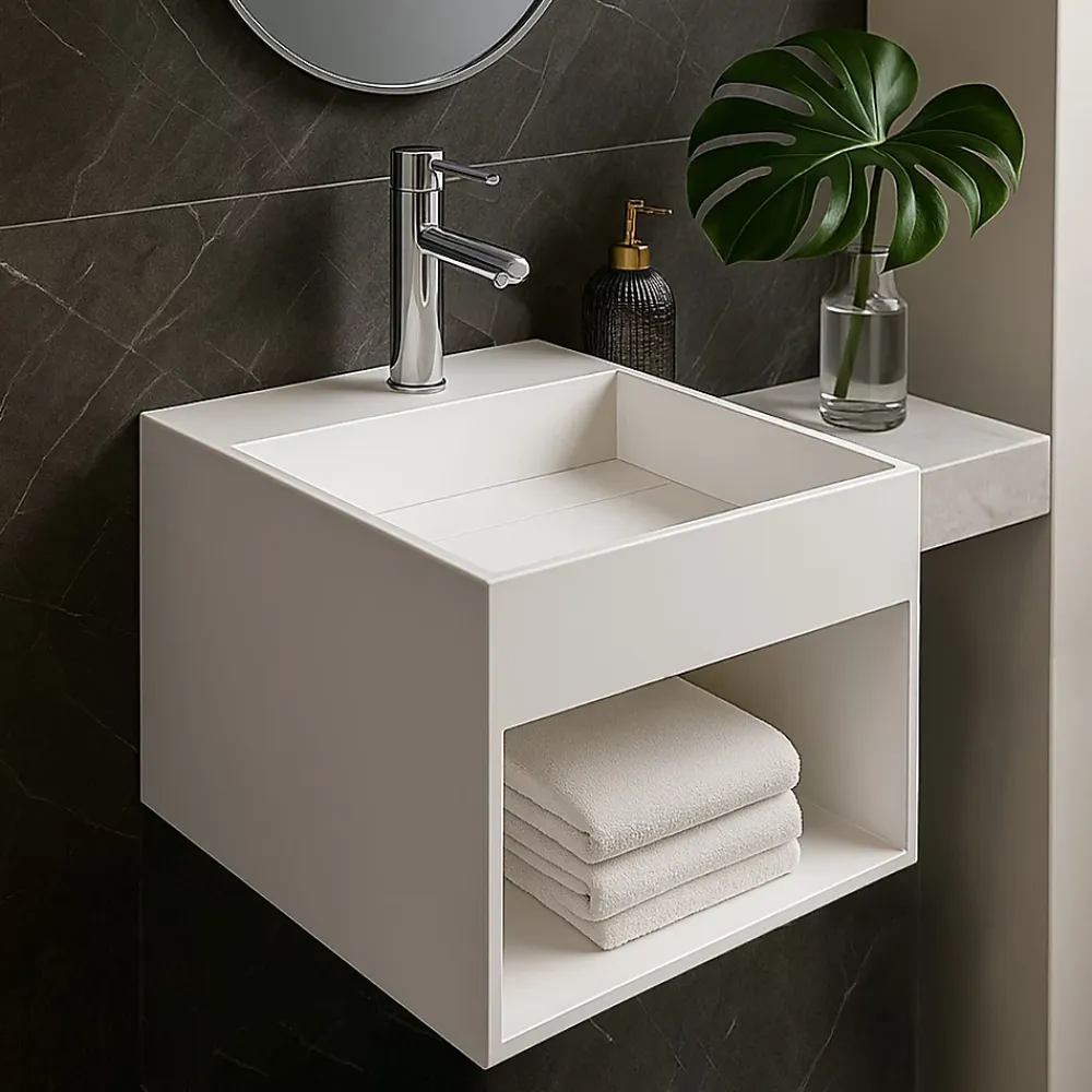 Lavabo|Ambra KARAE - Lave-mains carré suspendu - Design Elégant et Raffiné - Solide et Robuste - Entretien Facile - Blanc - 33 x 33 x 25 cm