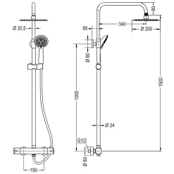 Kibath Colonne de douche thermostatique carrée 83-120 cm finition NOIR mat en laiton