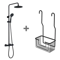 Kibath Pack colonne et porte-gel thermostatique rond, finition noir mat, en laiton