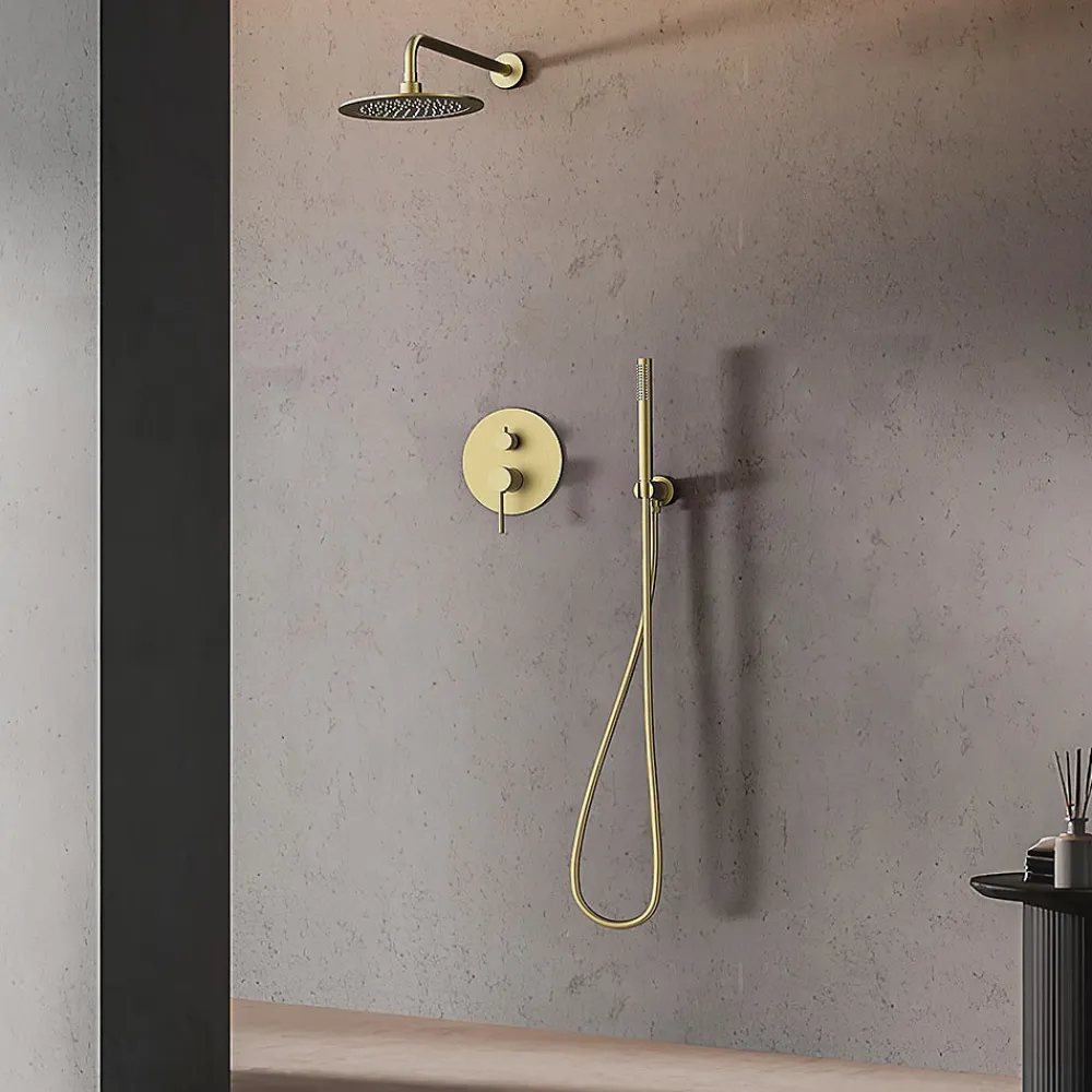 Robinet De Douche|Kibath Robinet de douche encastré, équipement de douche mural monocommande rond, finition or mat brossé, en laiton