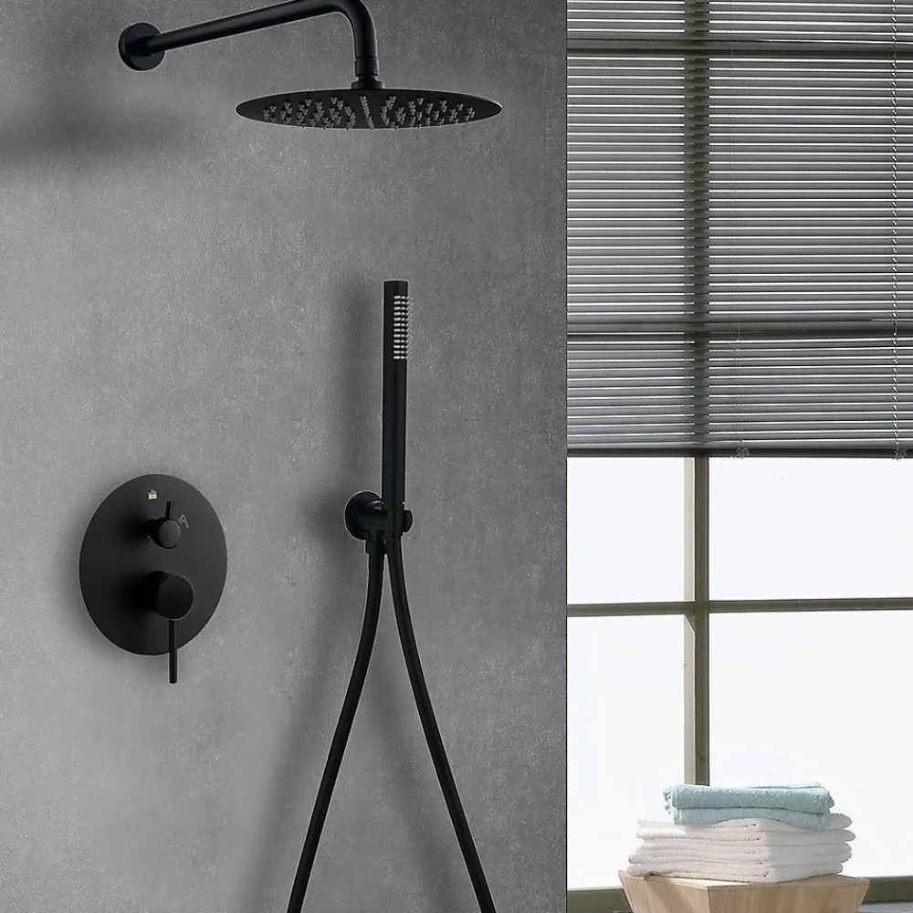Kibath Robinet de douche monocommande rond VAL pour montage au plafond avec finition noir mat en laiton