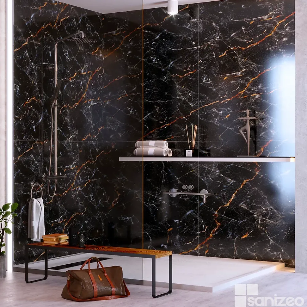 Panneau Mural De Salle De Bains|Kobert-in Kit de 2 Panneaux d'Habillage Décoratif Mural Douche, L120xl120x0.4 cm, finition marbre gris, Promise KOBERTIN