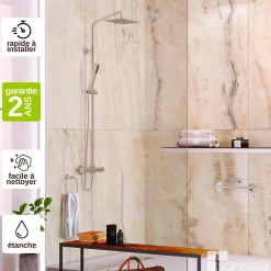 Panneau Mural De Salle De Bains|Kobert-in Kit de 2 Panneaux d'Habillage Décoratif Mural Douche, L120xl120x0.4 cm, finition marbre beige, Sabana KOBERTIN