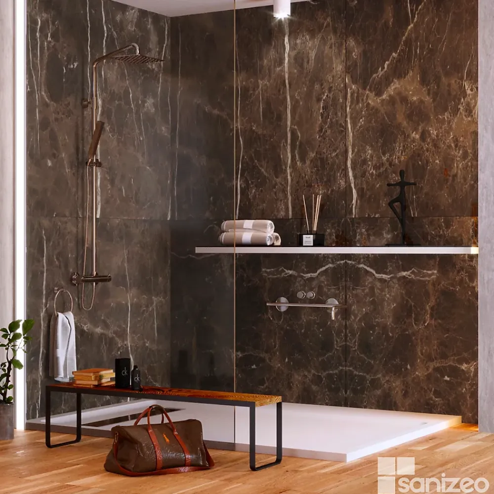 Kobert-in Kit de 2 Panneaux d'Habillage Décoratif Mural Douche, L120xl120x0.4 cm, finition marbre marron, Emperador KOBERTIN