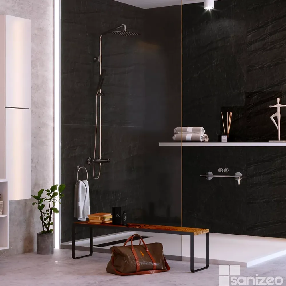 Panneau Mural De Salle De Bains|Kobert-in Kit de 2 Panneaux d'Habillage Décoratif Mural Douche, L120xl120x0.4 cm, finition finition pierre noire, Manson KOBERTIN