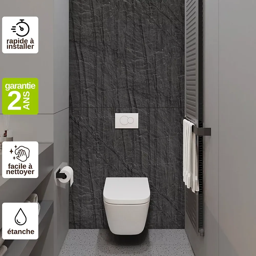 Kobert-in Kit de 2 Panneaux Habillage WC suspendu , L120xl120x0.4 cm, finition pierre noire, Manson KOBERTIN