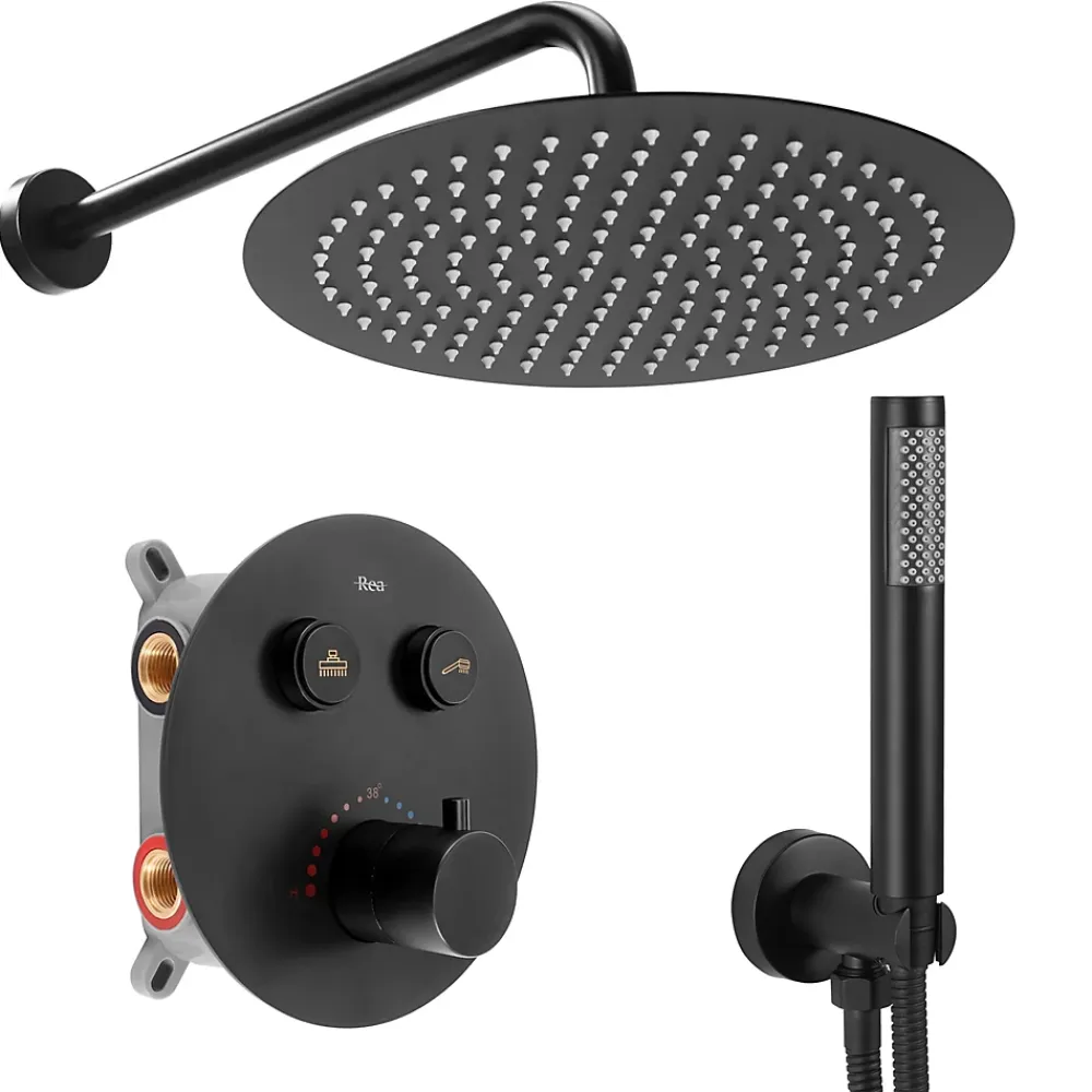 Colonne De Douche Mécanique|Rea Kit De Douche Encastré Lungo Thermostat Black 15X30X36,5Cm