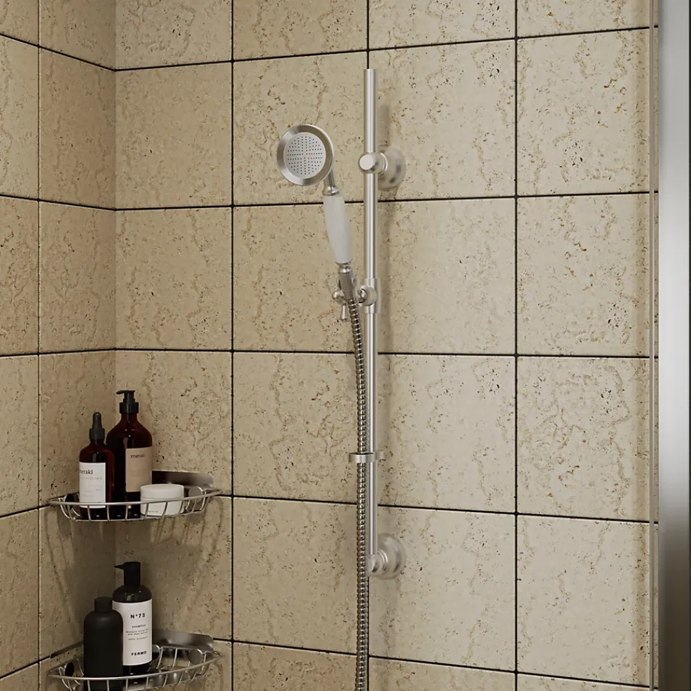 GoodHome Kit de douche sans robinetterie avec douchette 1 jet + flexible + barre réglable Etel argent